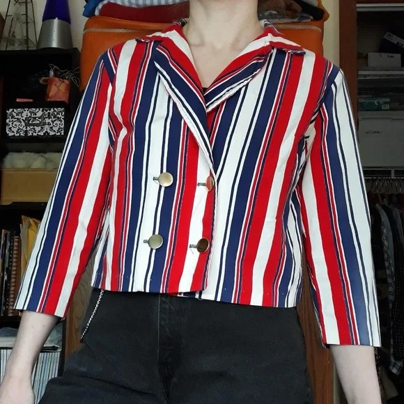 70s Handmade USA Red White & Blue Striped Blazer Jacket America Patriotic - Picture 3 of 15